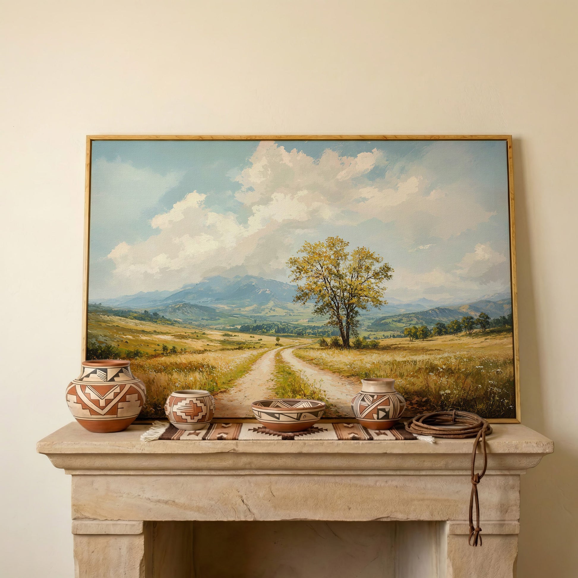 Country Road with Tree Canvas Wall Art in white oak floating frame