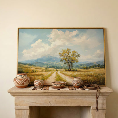 Country Road with Tree Canvas Wall Art in white oak floating frame