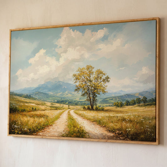 Country Road with Tree Canvas Wall Art shown in white oak floating frame