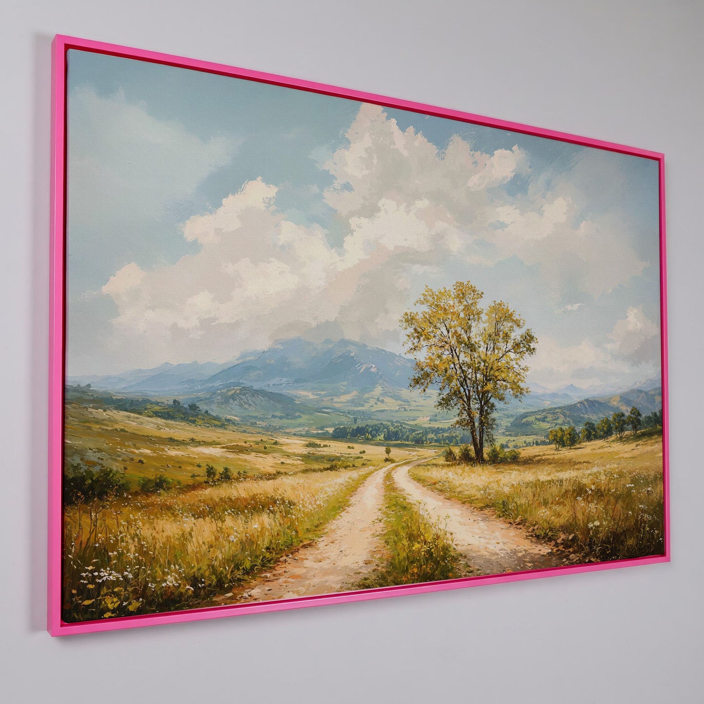 Country Road with Tree Canvas Wall Art in pink floating frame