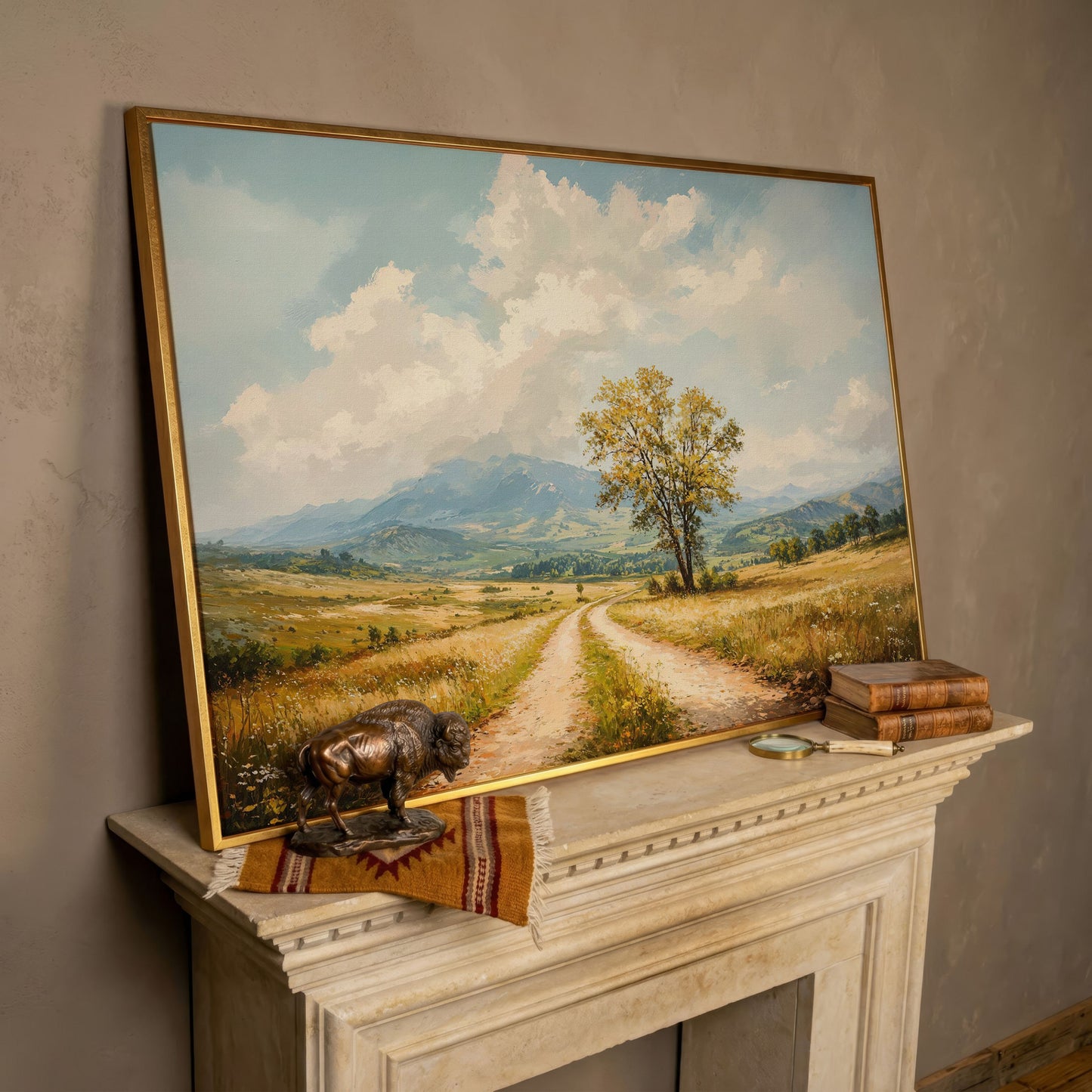 Country Road with Tree Canvas Wall Art in rose gold floating frame
