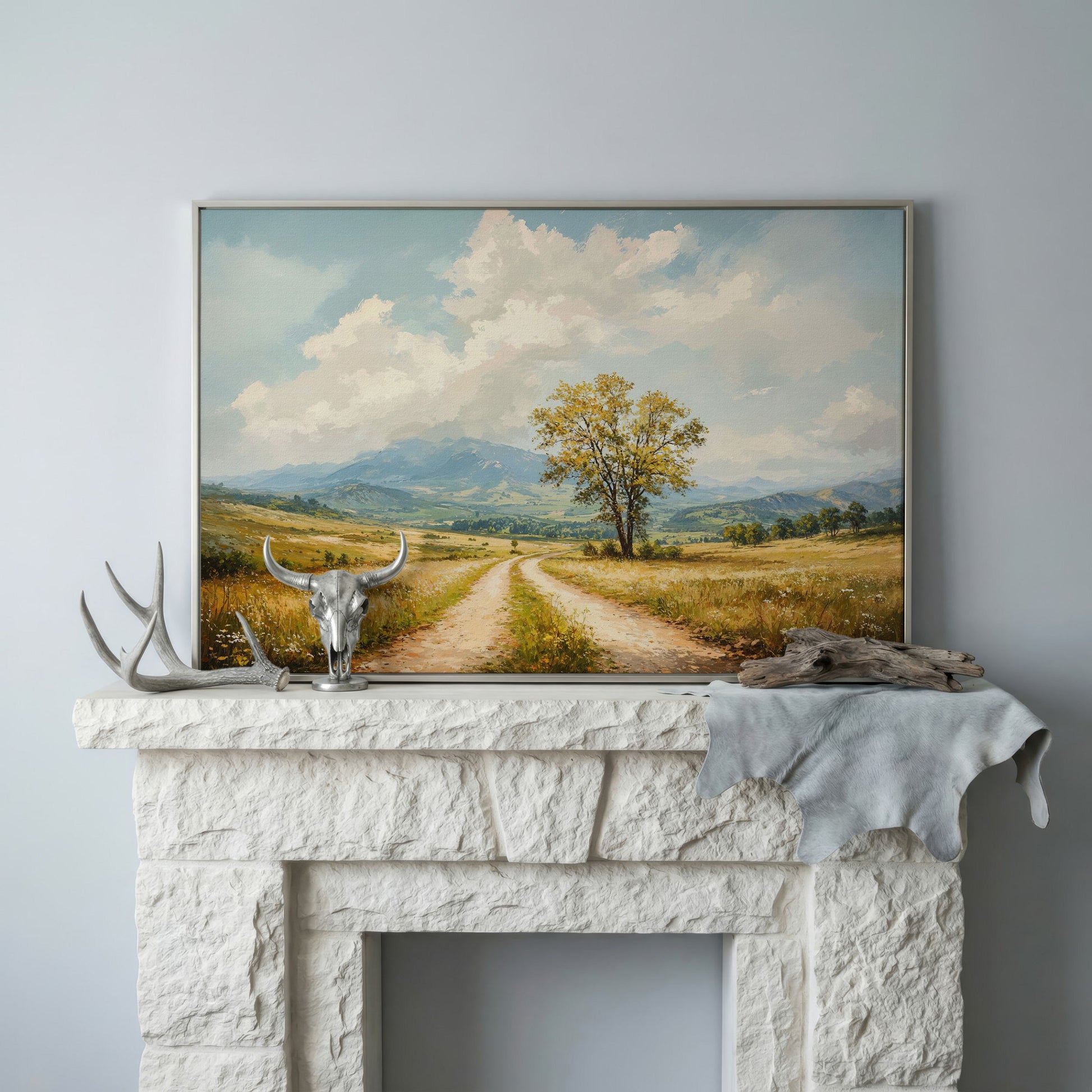 Country Road with Tree Canvas Wall Art in silver floating frame