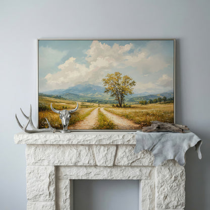 Country Road with Tree Canvas Wall Art in silver floating frame
