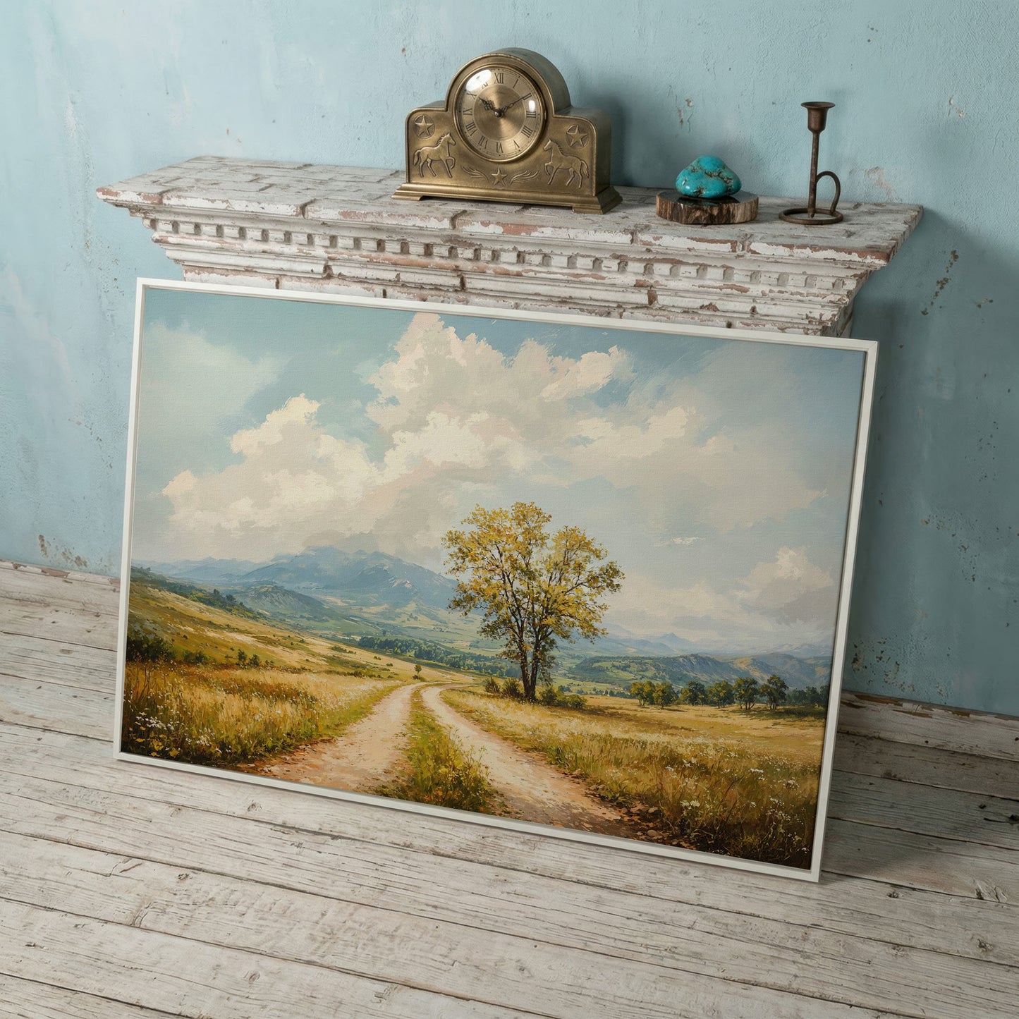 Country Road with Tree Canvas Wall Art in white floating frame
