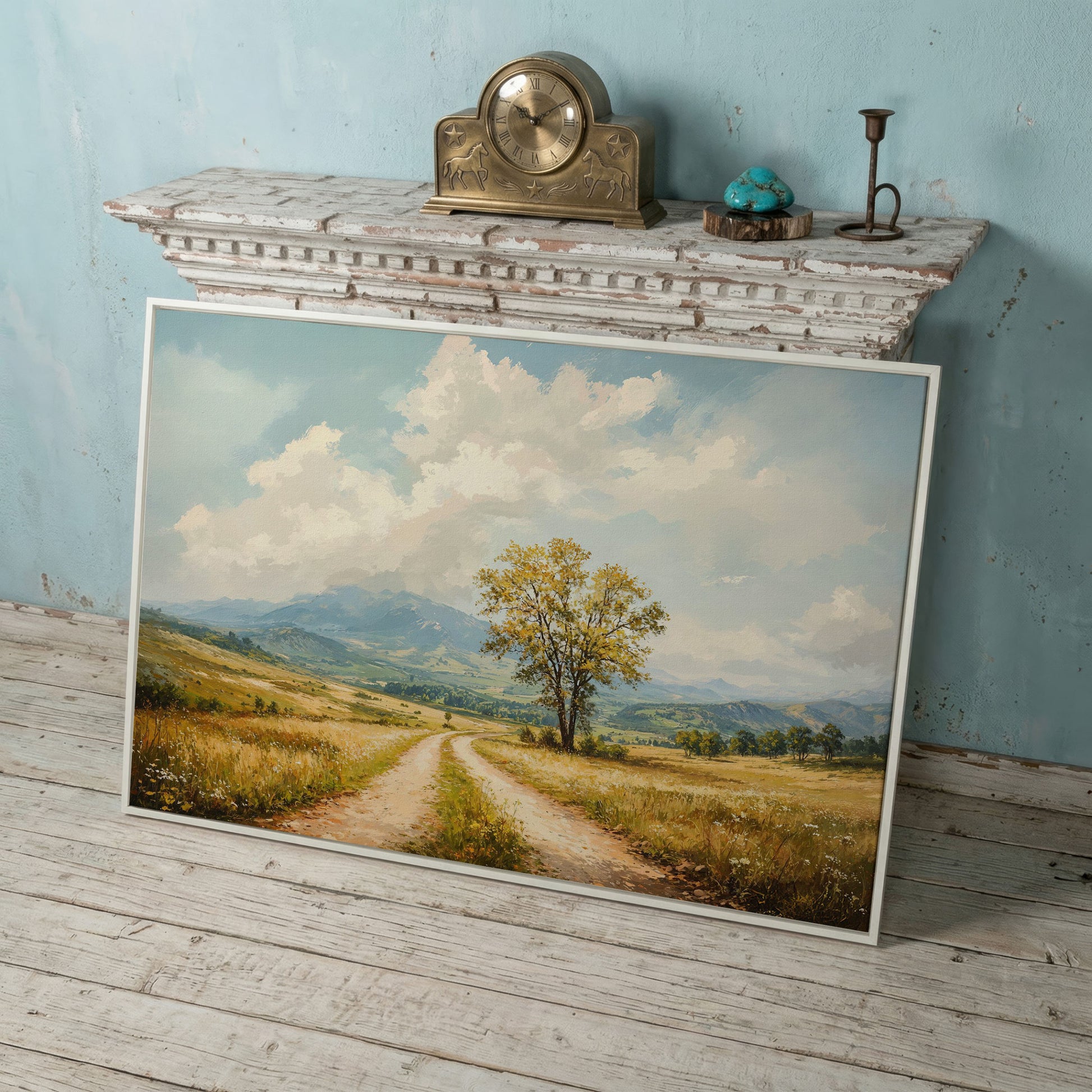 Country Road with Tree Canvas Wall Art in white floating frame