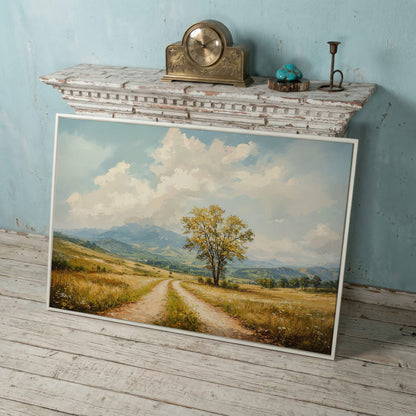 Country Road with Tree Canvas Wall Art in white floating frame
