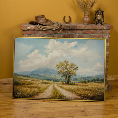 Country Road with Tree Canvas Wall Art in yellow gold floating frame