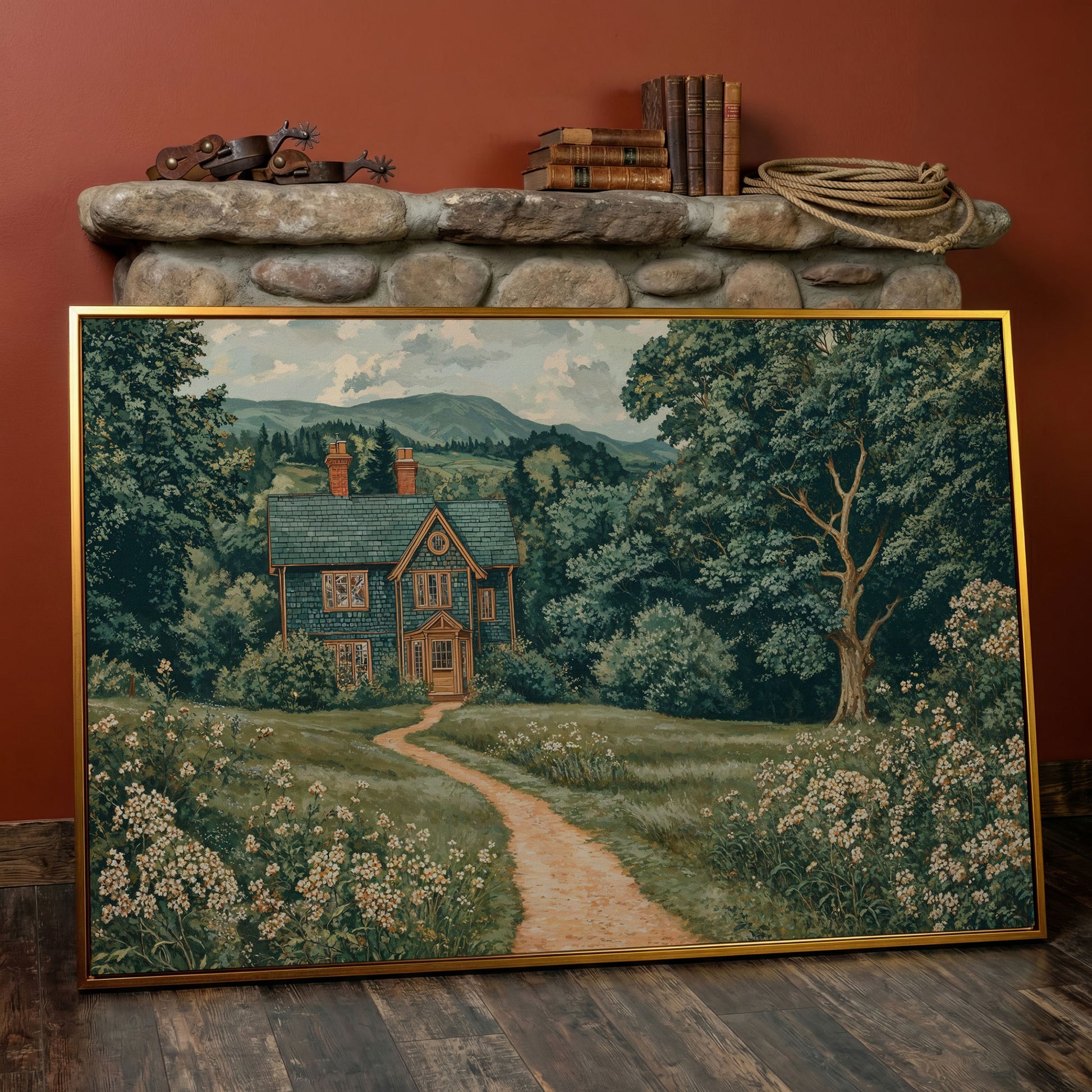 Cottage in Rural Landscape Canvas Print in antique gold floating frame