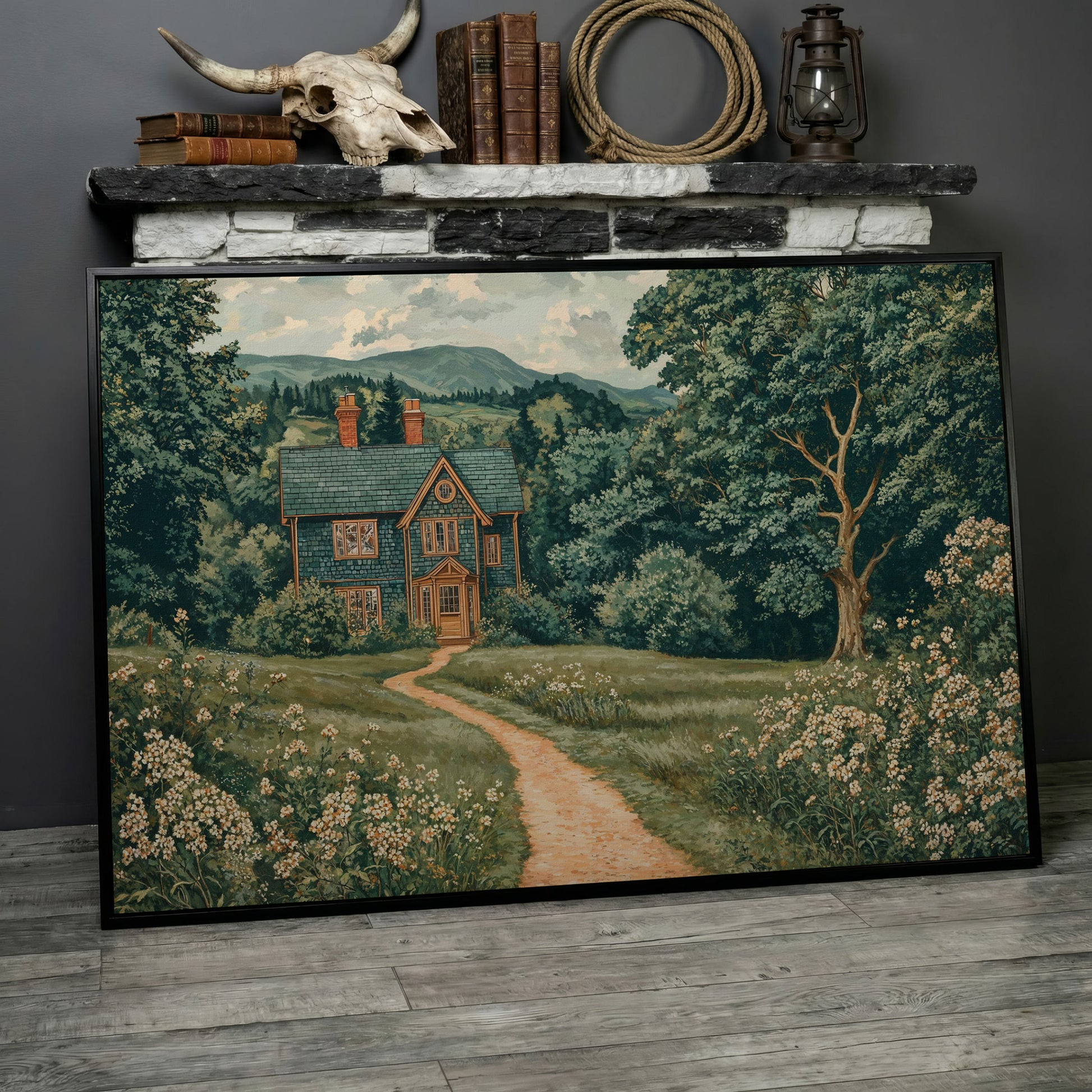 Cottage in Rural Landscape Canvas Print in black floating frame