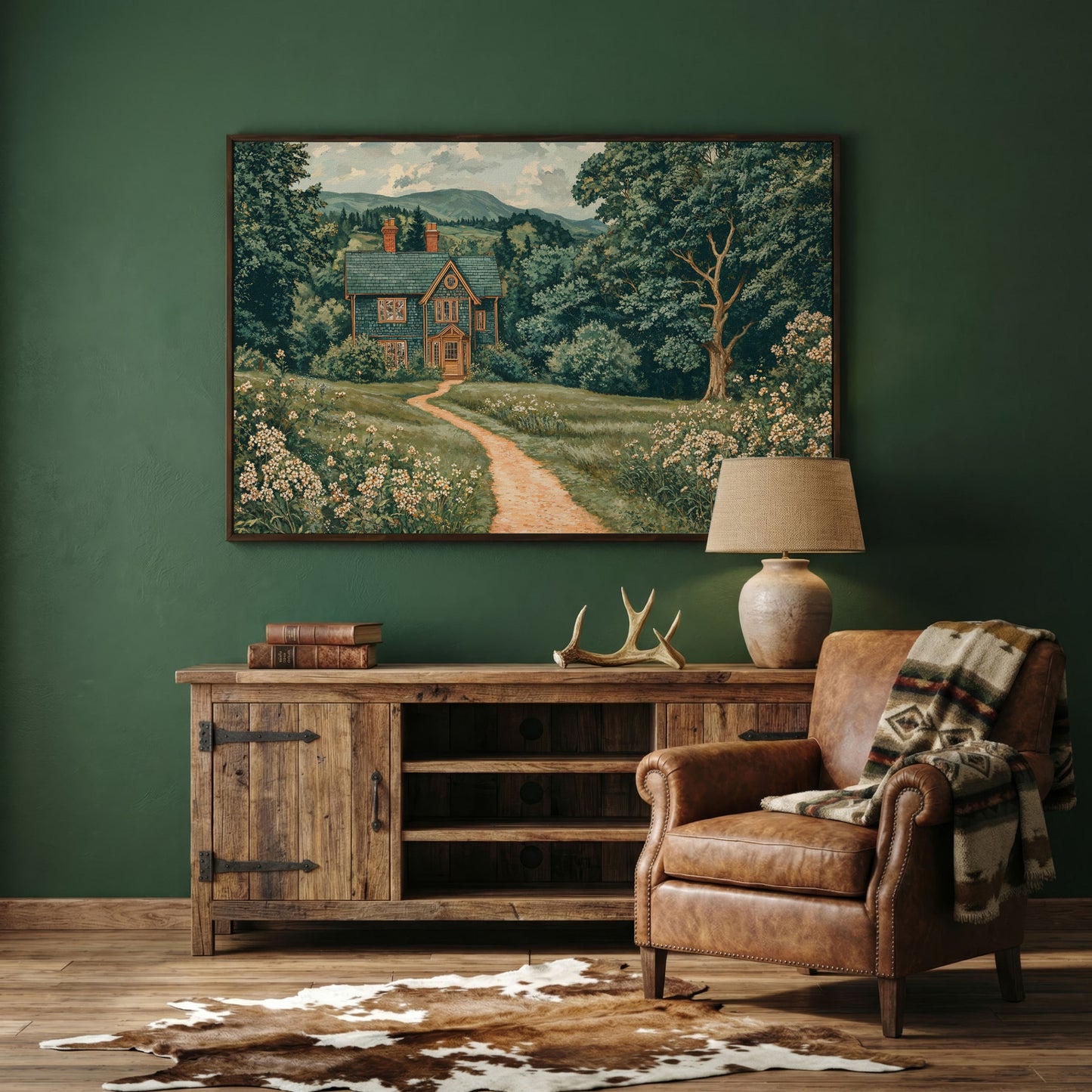 Cottage in Rural Landscape Canvas Print in dark walnut floating frame