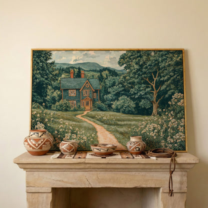 Cottage in Rural Landscape Canvas Print in white oak floating frame