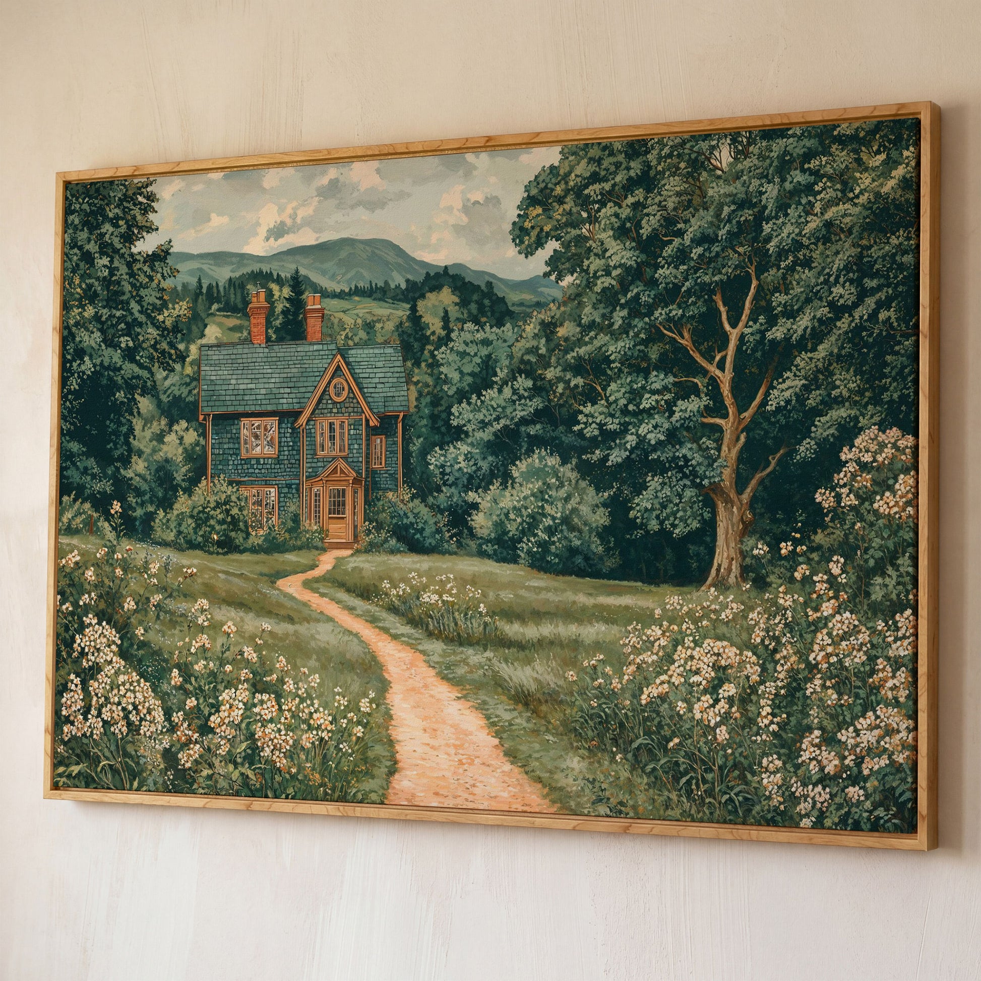 Cottage in Rural Landscape Canvas Print shown in white oak floating frame