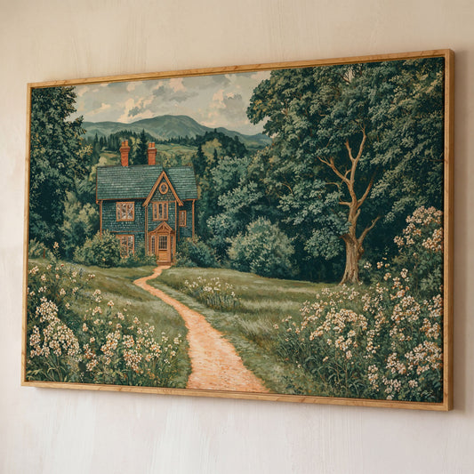 Cottage in Rural Landscape Canvas Print shown in white oak floating frame