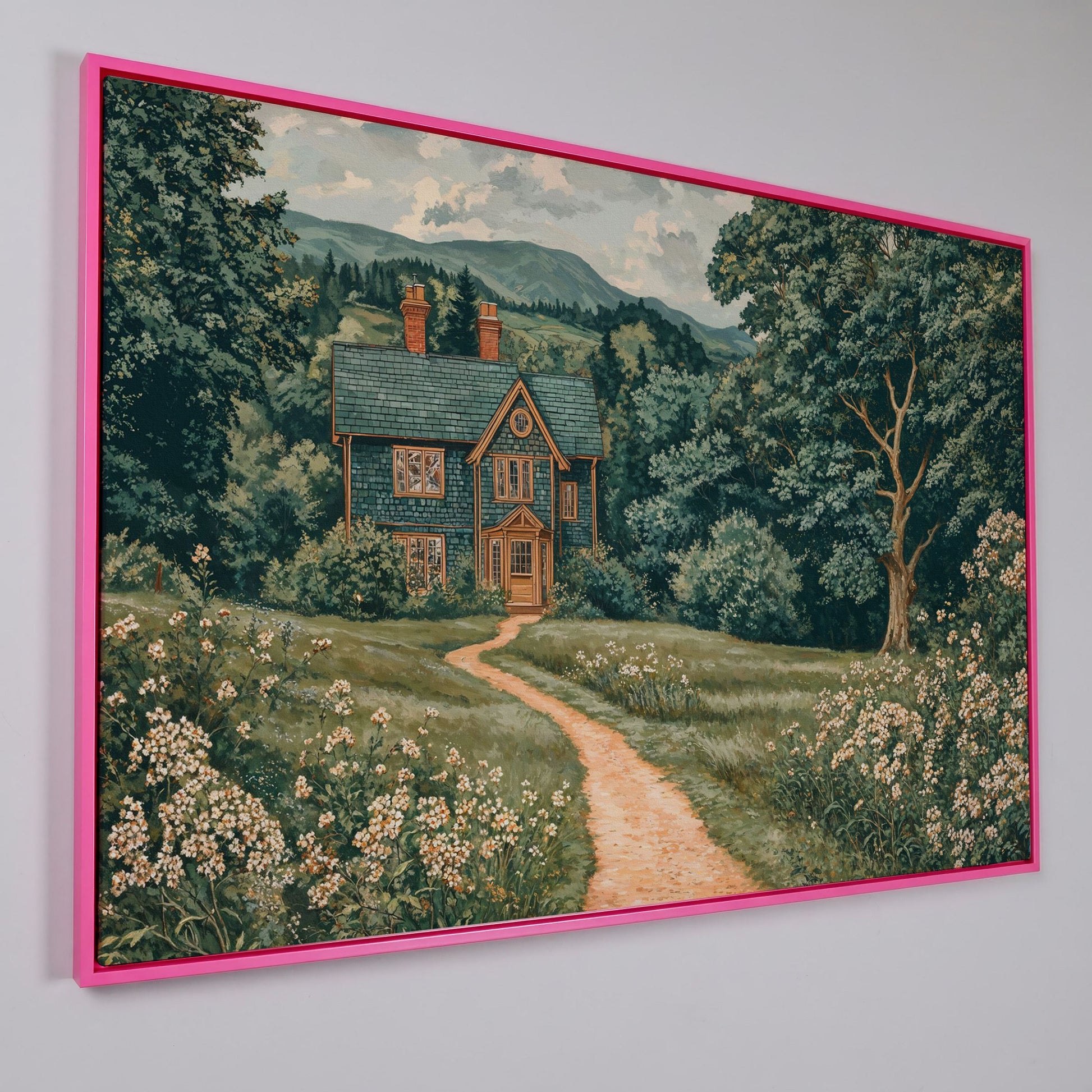 Cottage in Rural Landscape Canvas Print in pink floating frame