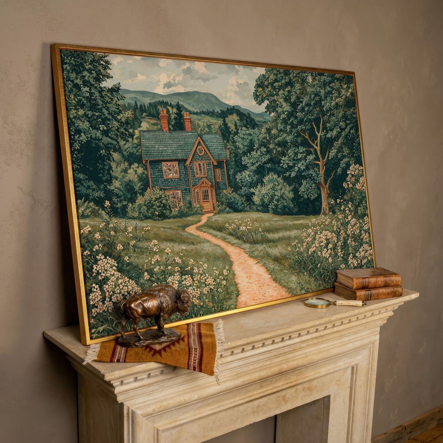 Cottage in Rural Landscape Canvas Print in rose gold floating frame