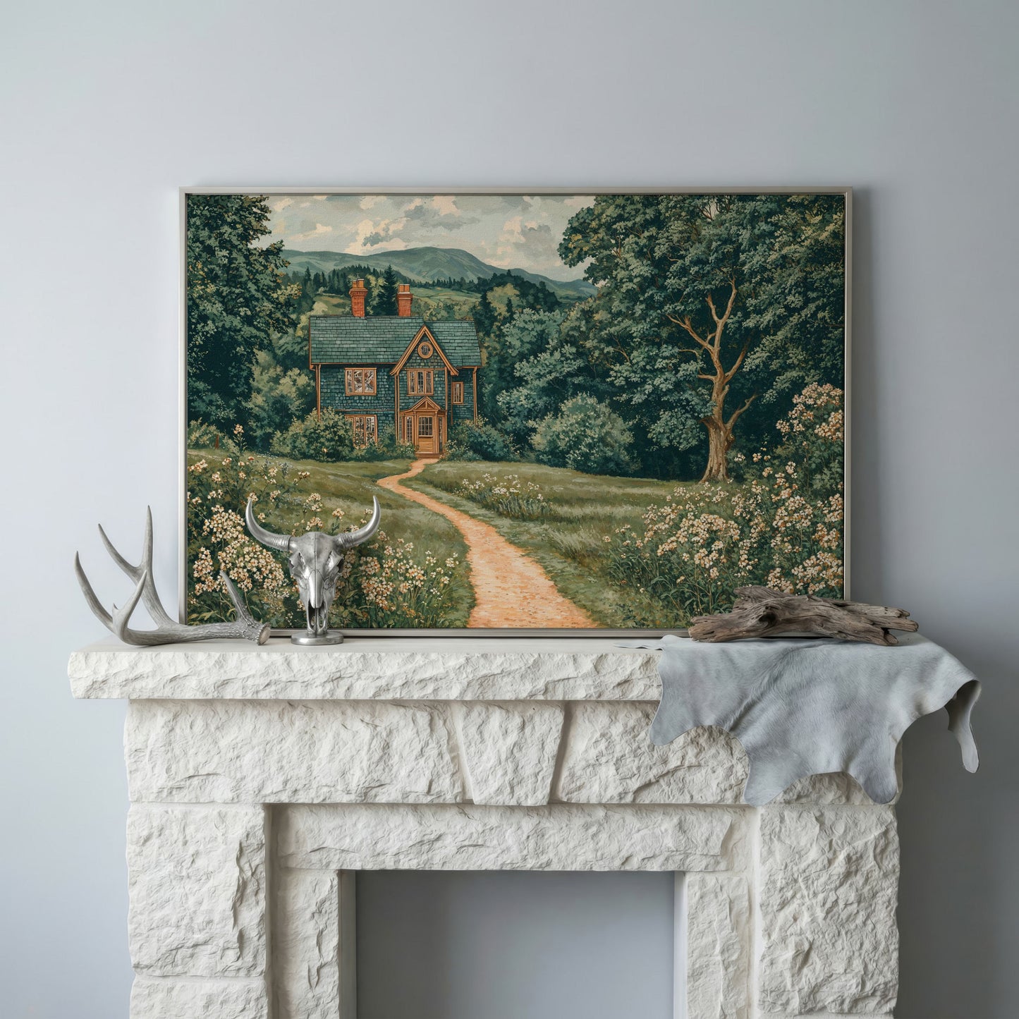 Cottage in Rural Landscape Canvas Print in silver floating frame