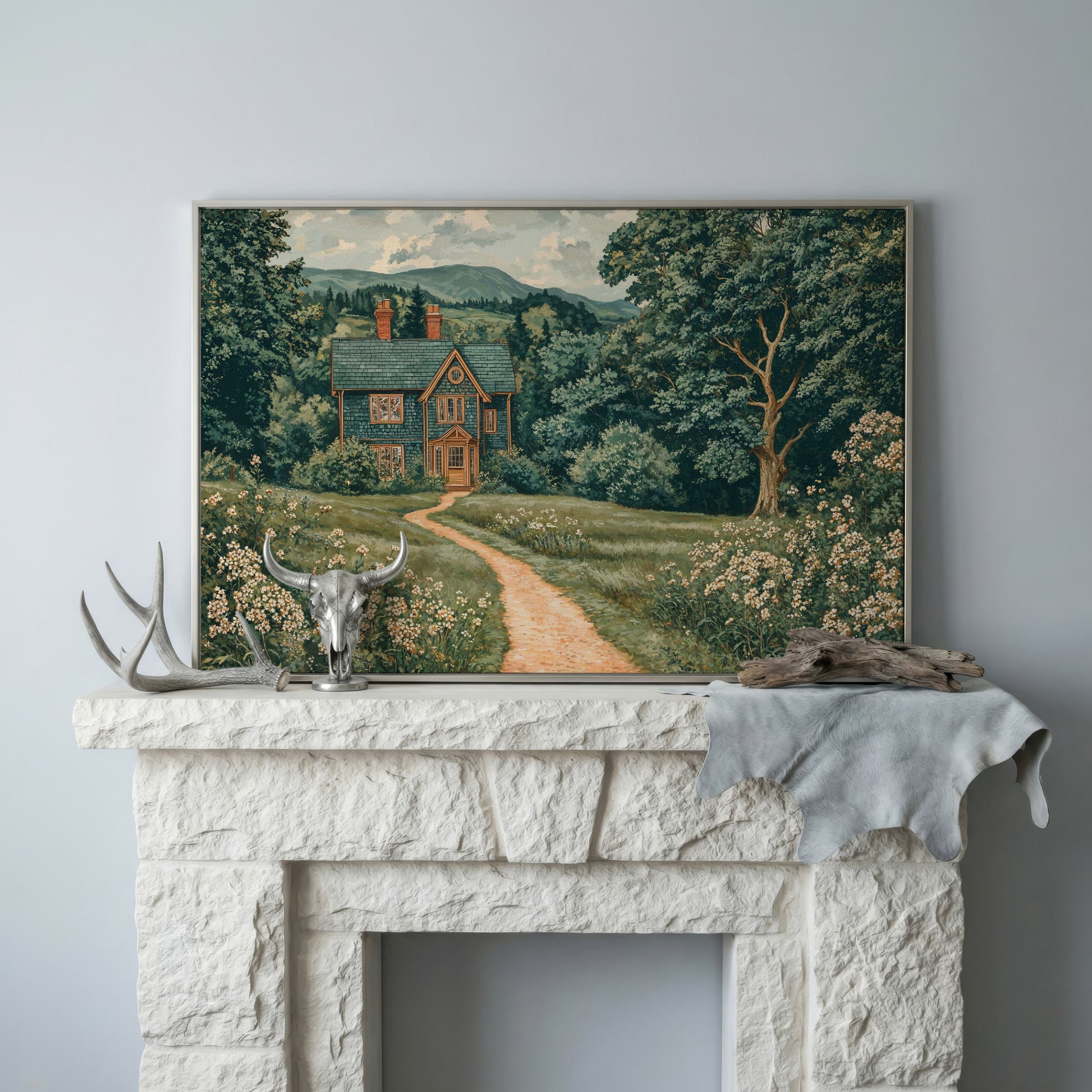 Cottage in Rural Landscape Canvas Print in silver floating frame
