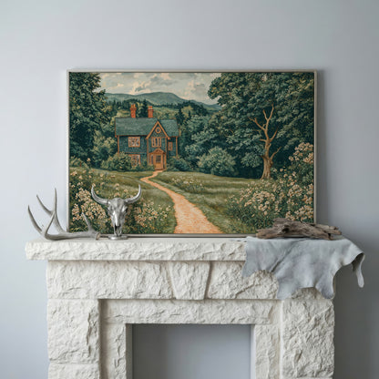 Cottage in Rural Landscape Canvas Print in silver floating frame