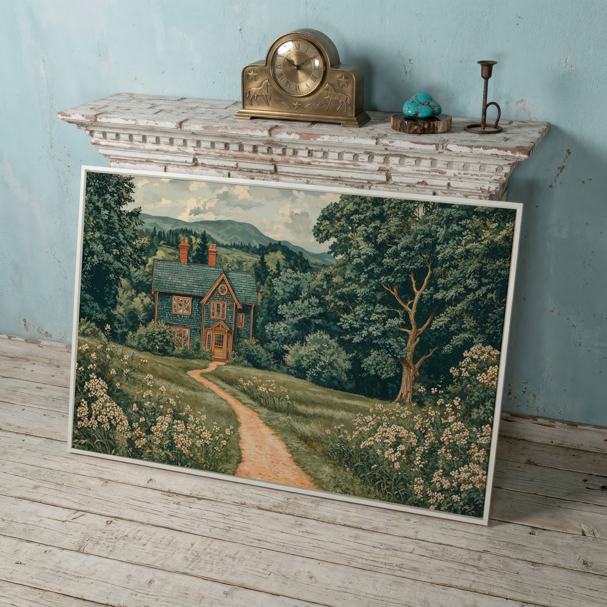 Cottage in Rural Landscape Canvas Print in white floating frame