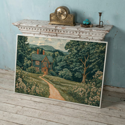 Cottage in Rural Landscape Canvas Print in white floating frame