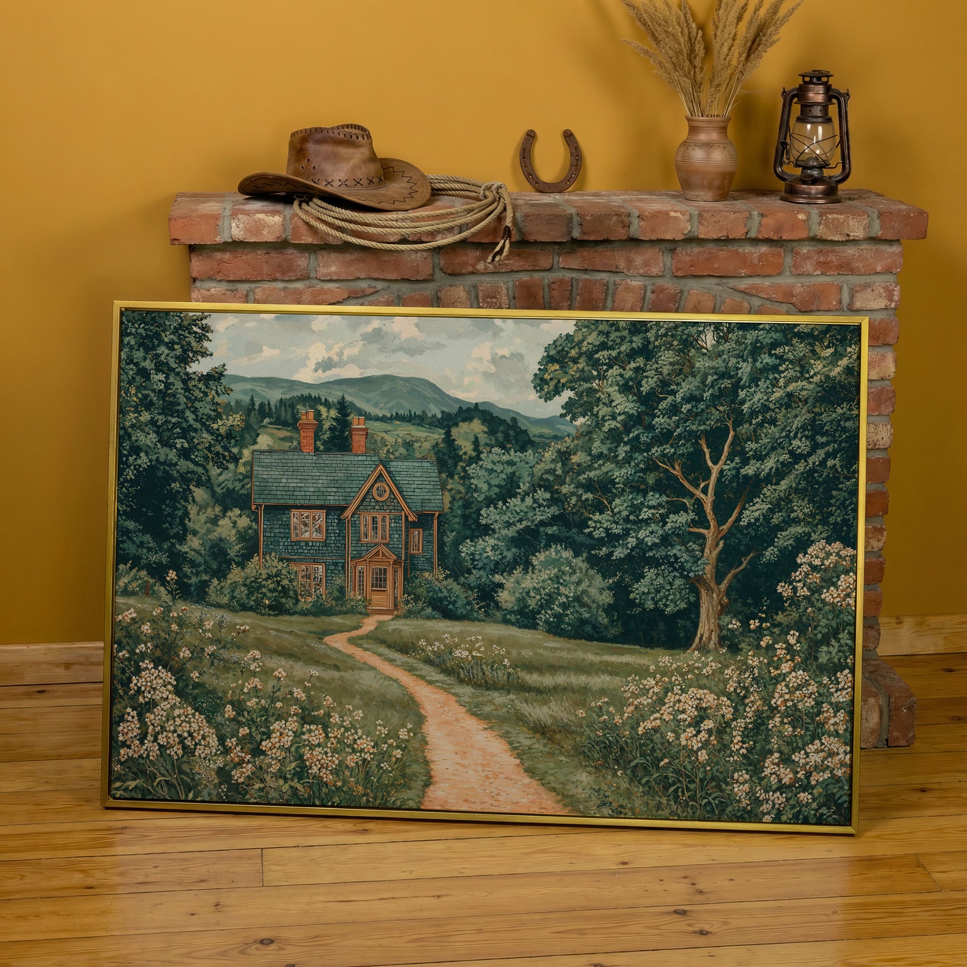 Cottage in Rural Landscape Canvas Print in yellow gold floating frame