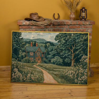 Cottage in Rural Landscape Canvas Print in yellow gold floating frame