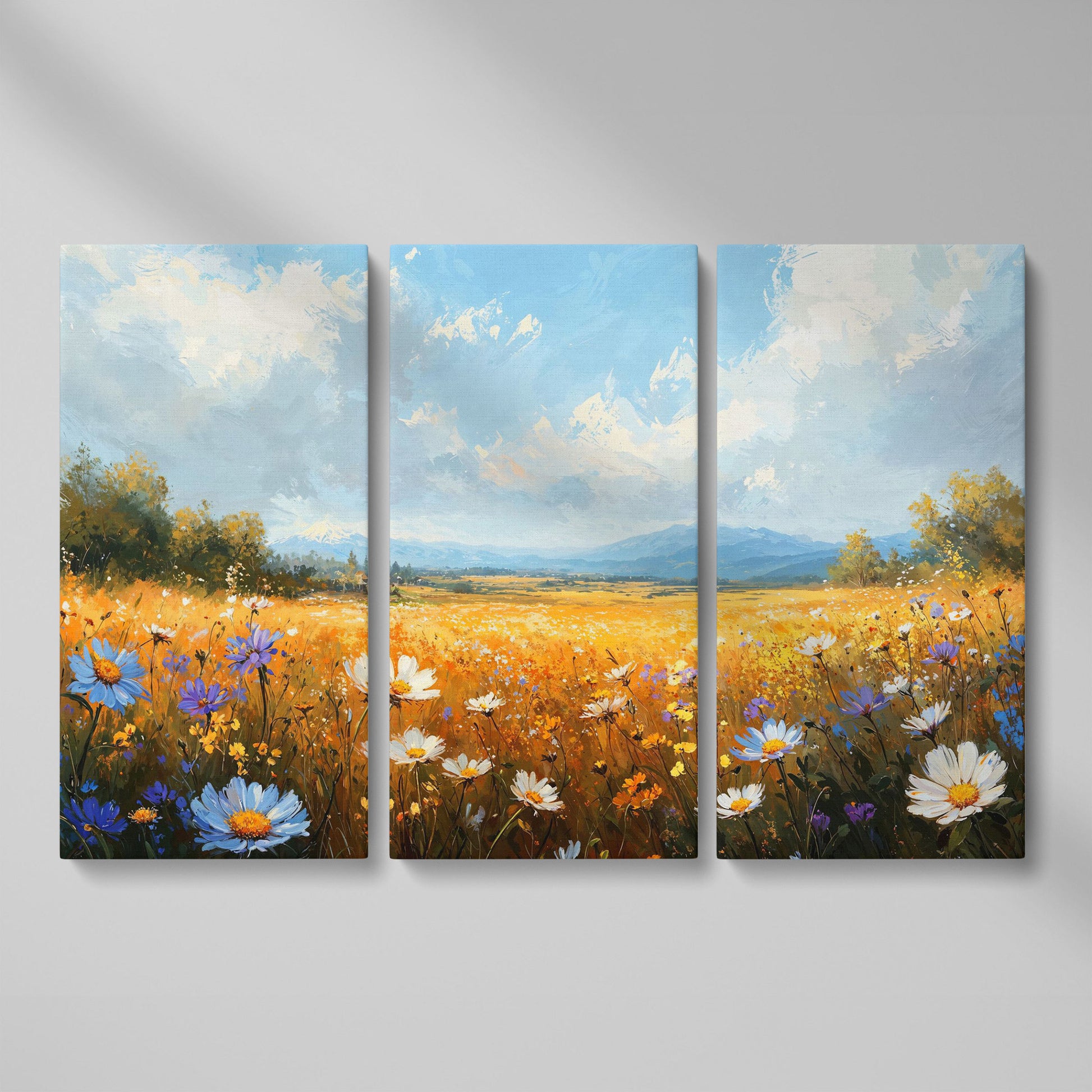 Wildflower Meadow with Mountains Canvas as 3-panel split version