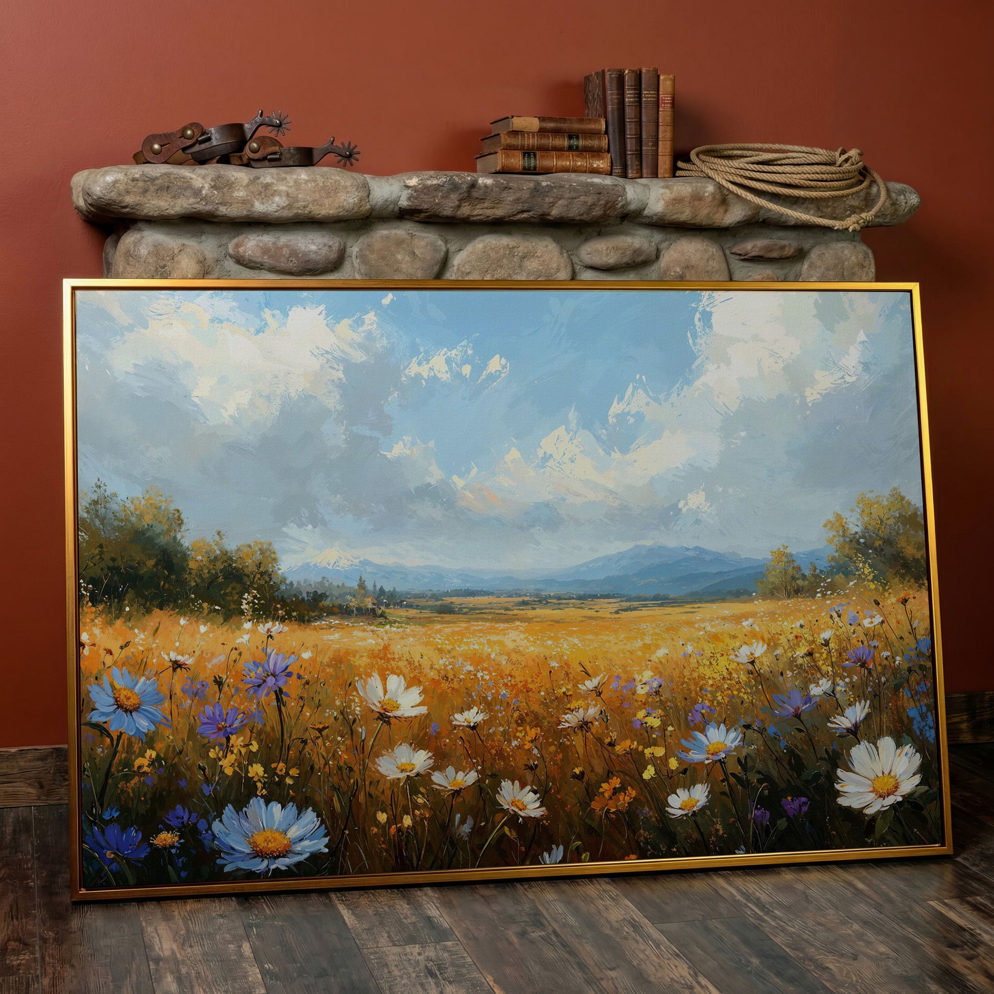 Wildflower Meadow with Mountains Canvas in antique gold floating frame