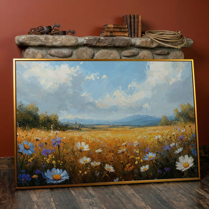 Wildflower Meadow with Mountains Canvas in antique gold floating frame