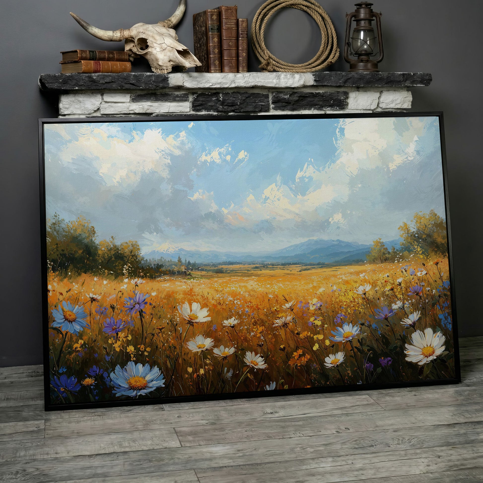 Wildflower Meadow with Mountains Canvas in black floating frame