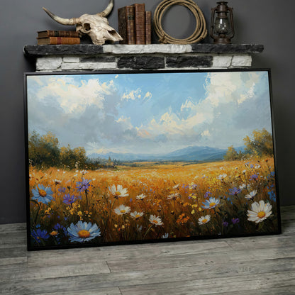 Wildflower Meadow with Mountains Canvas in black floating frame