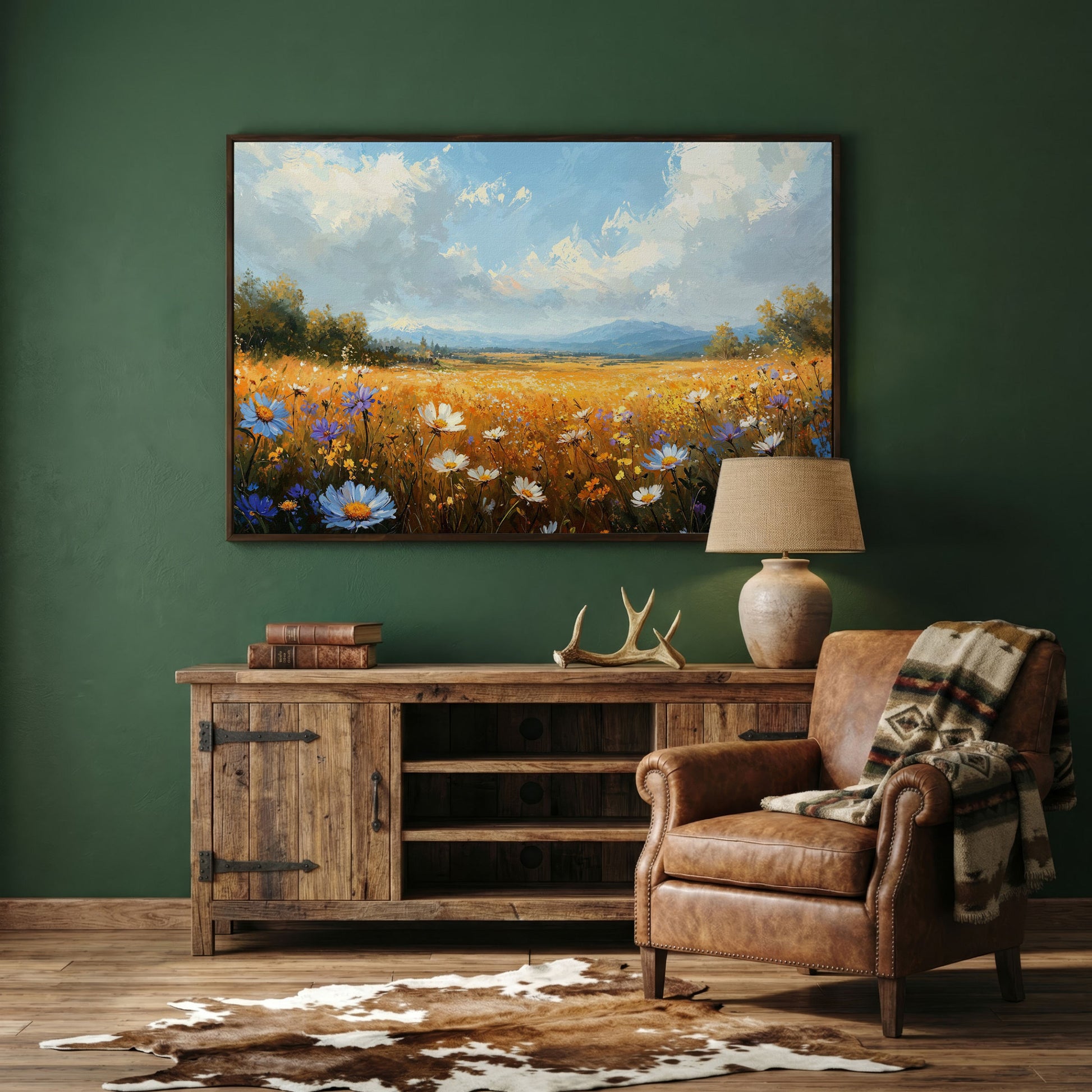 Wildflower Meadow with Mountains Canvas in dark walnut floating frame