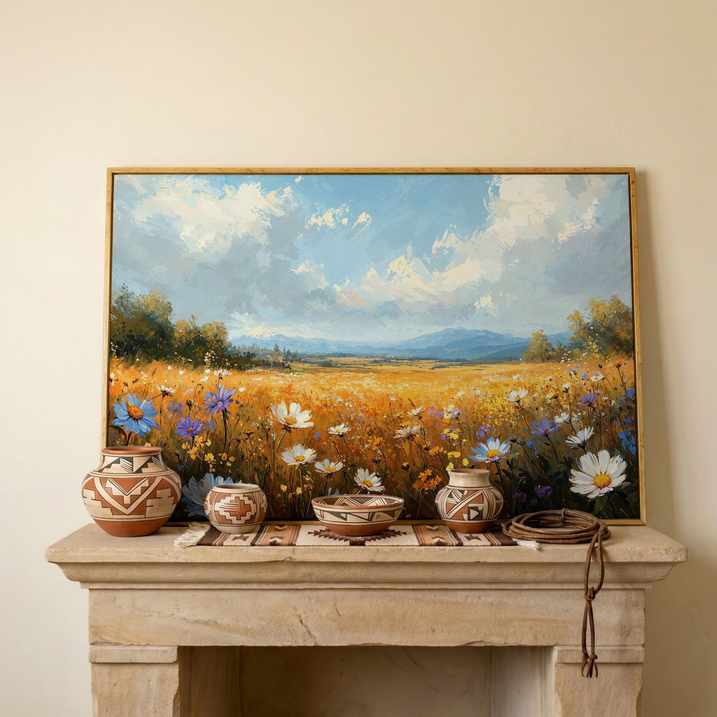 Wildflower Meadow with Mountains Canvas in white oak floating frame