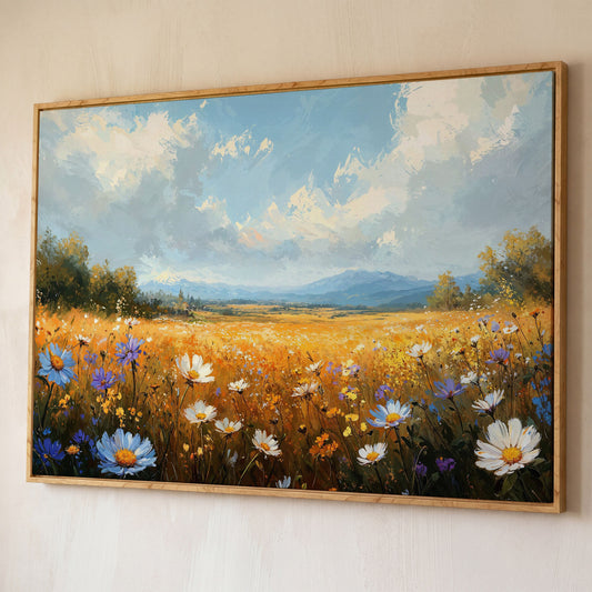 Wildflower Meadow with Mountains Canvas shown in white oak floating frame