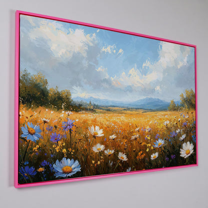 Wildflower Meadow with Mountains Canvas in pink floating frame