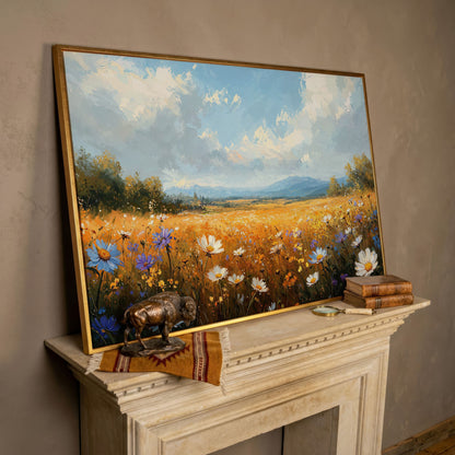 Wildflower Meadow with Mountains Canvas in rose gold floating frame