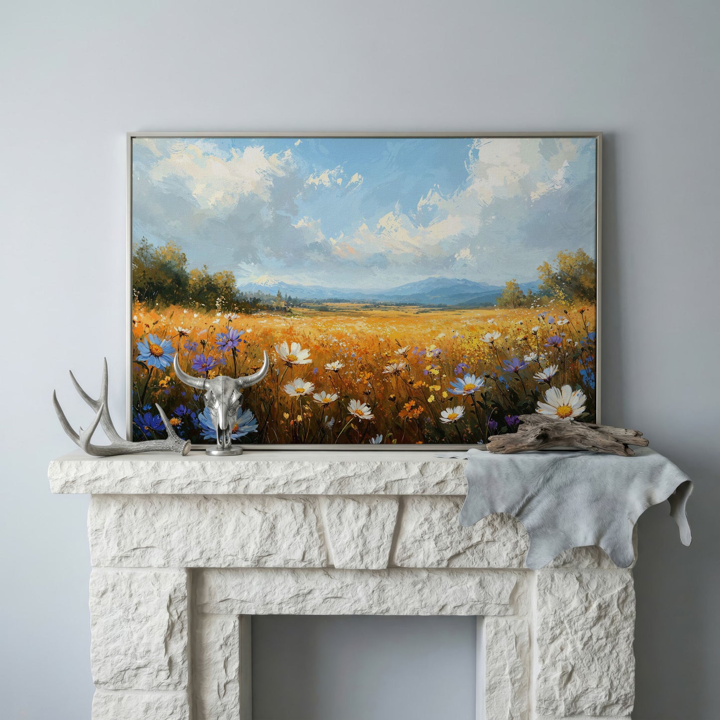 Wildflower Meadow with Mountains Canvas in silver floating frame
