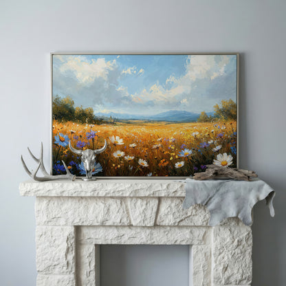 Wildflower Meadow with Mountains Canvas in silver floating frame
