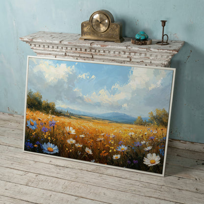 Wildflower Meadow with Mountains Canvas in white floating frame
