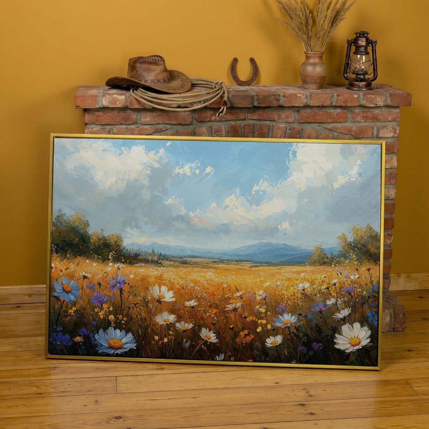 Wildflower Meadow with Mountains Canvas in yellow gold floating frame