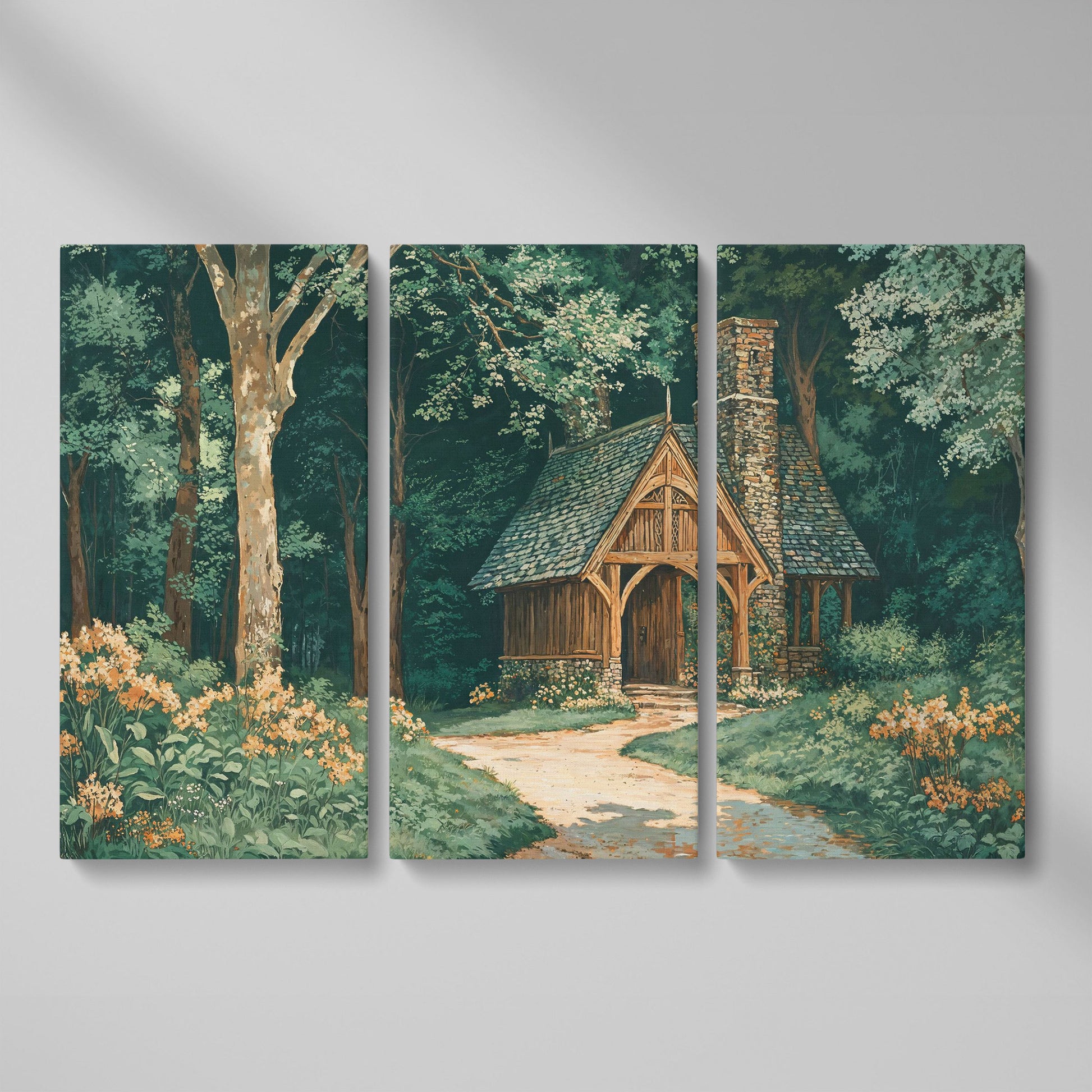 Forest Cabin at the End of a Winding Path Canvas as 3-panel split version