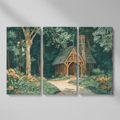 Forest Cabin at the End of a Winding Path Canvas as 3-panel split version
