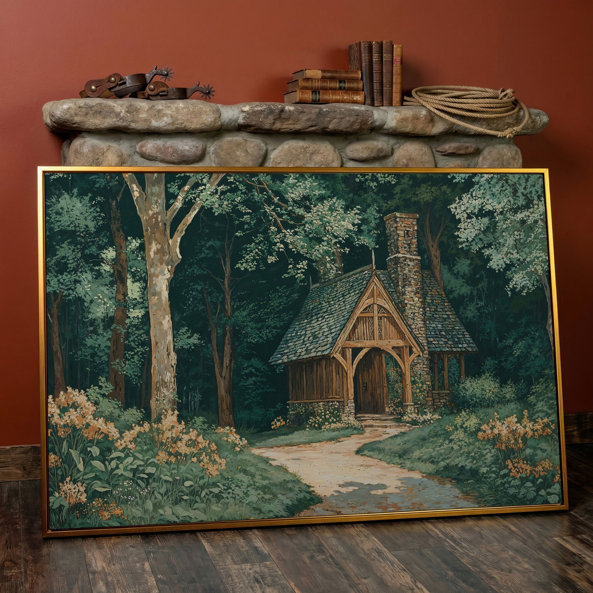 Forest Cabin at the End of a Winding Path Canvas in antique gold floating frame