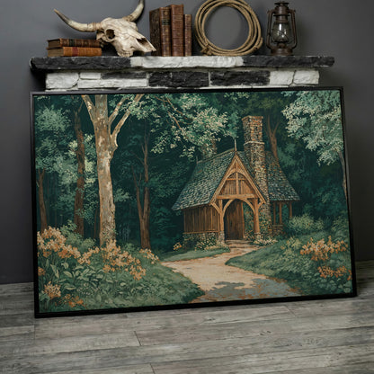 Forest Cabin at the End of a Winding Path Canvas in black floating frame
