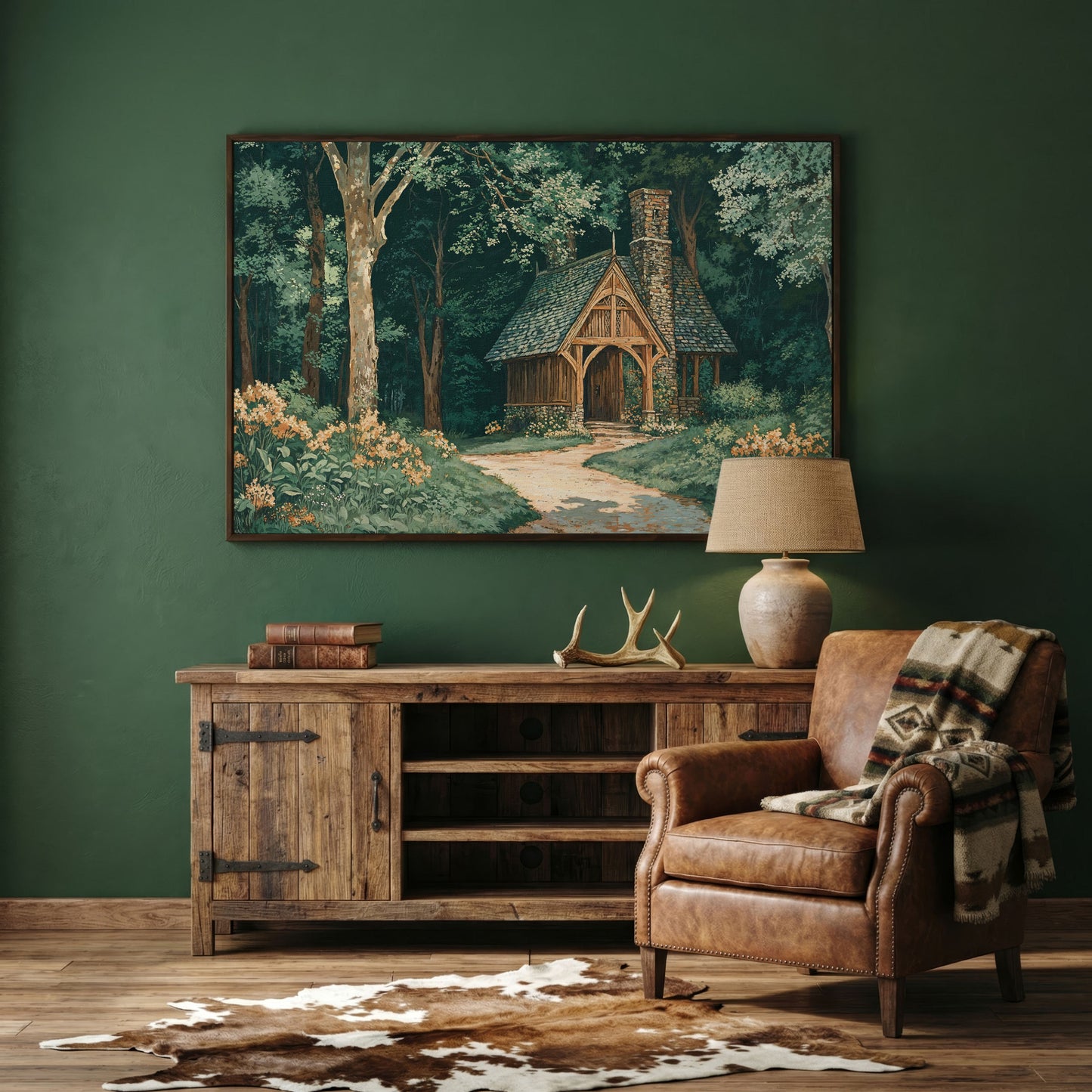 Forest Cabin at the End of a Winding Path Canvas in dark walnut floating frame
