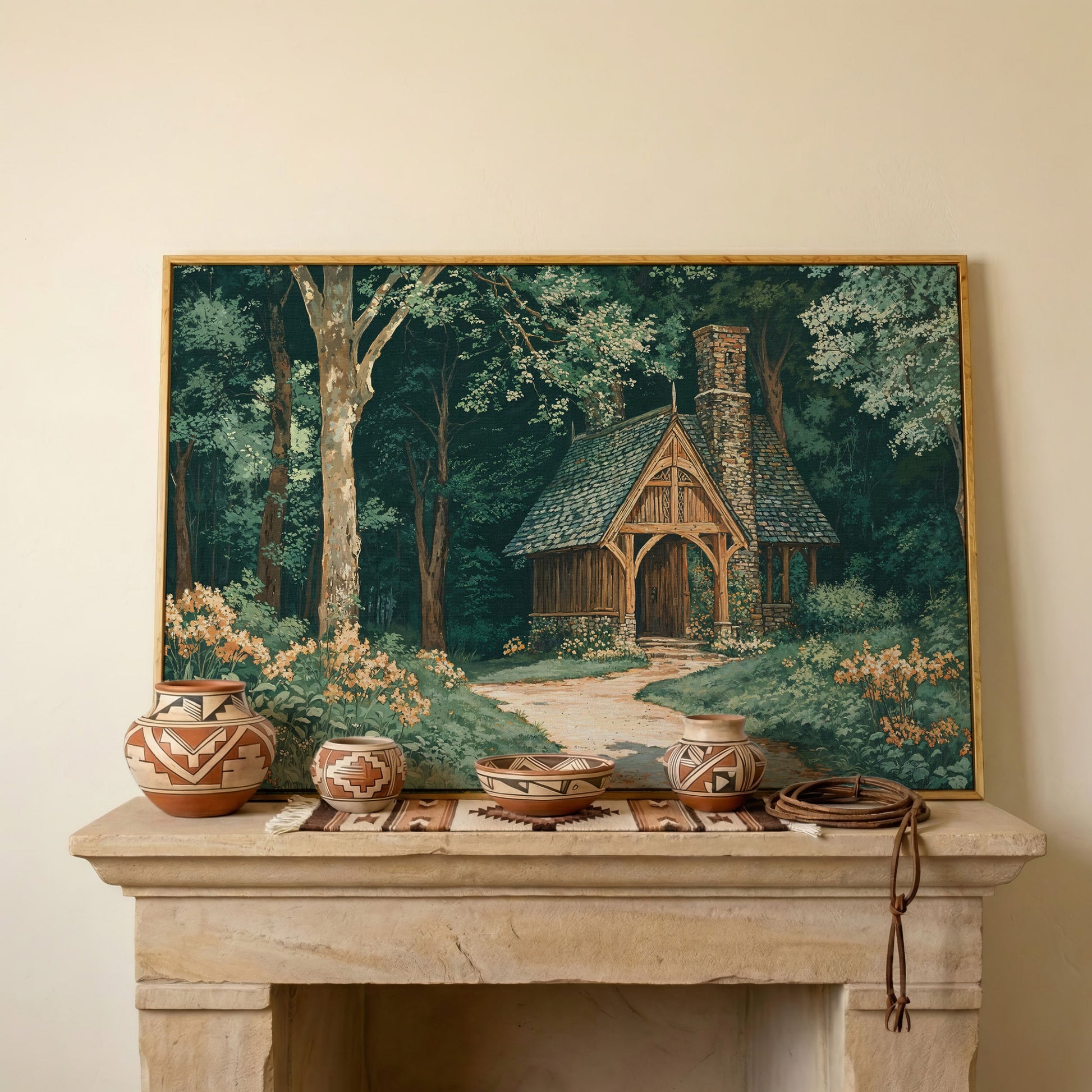 Forest Cabin at the End of a Winding Path Canvas in white oak floating frame
