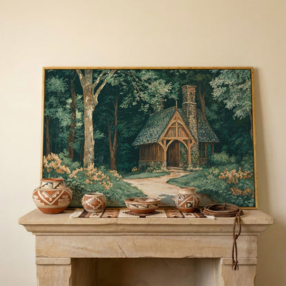 Forest Cabin at the End of a Winding Path Canvas in white oak floating frame