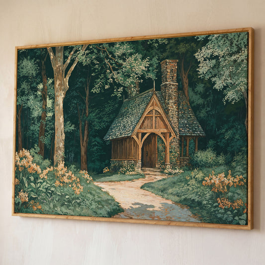 Forest Cabin at the End of a Winding Path Canvas shown in white oak floating frame
