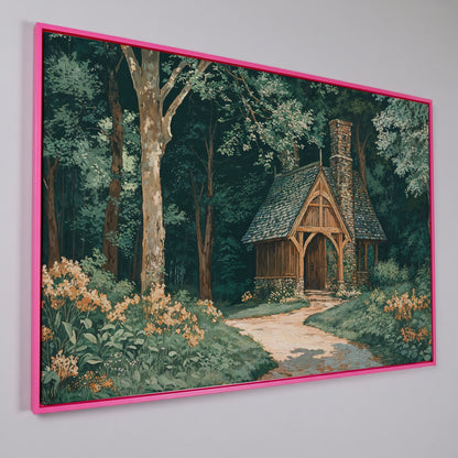 Forest Cabin at the End of a Winding Path Canvas in pink floating frame