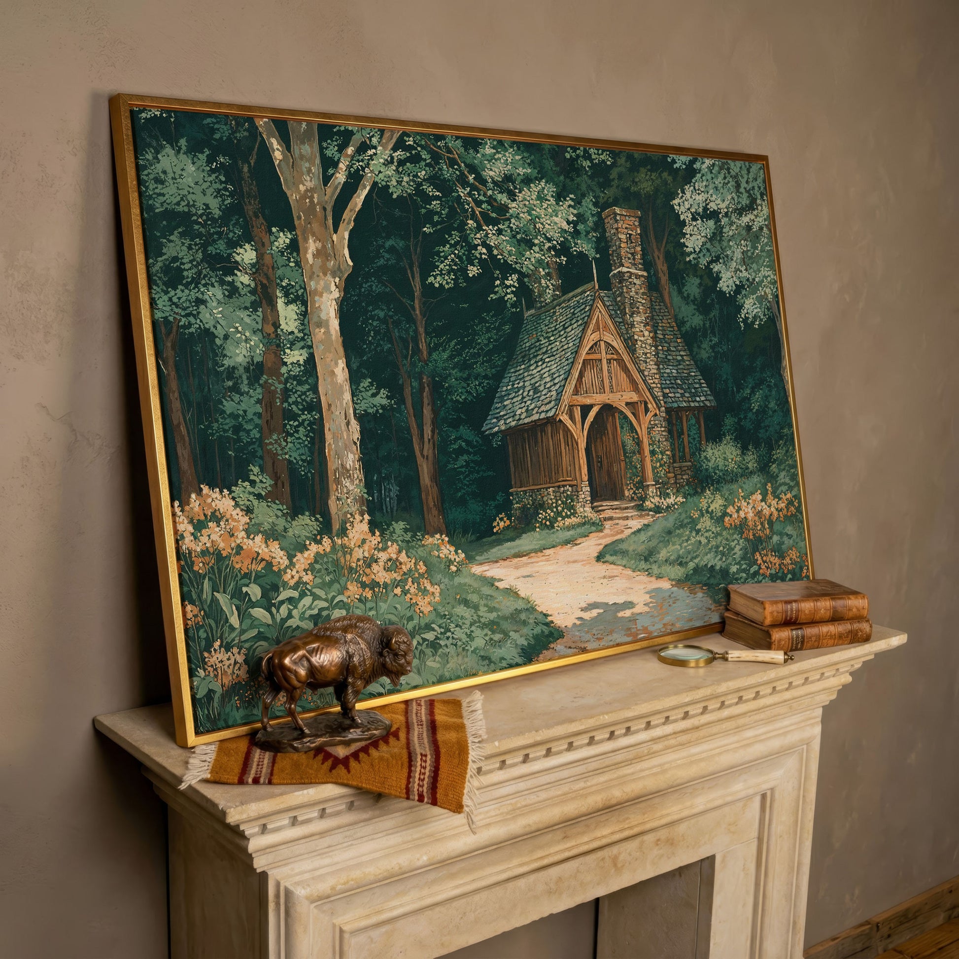 Forest Cabin at the End of a Winding Path Canvas in rose gold floating frame